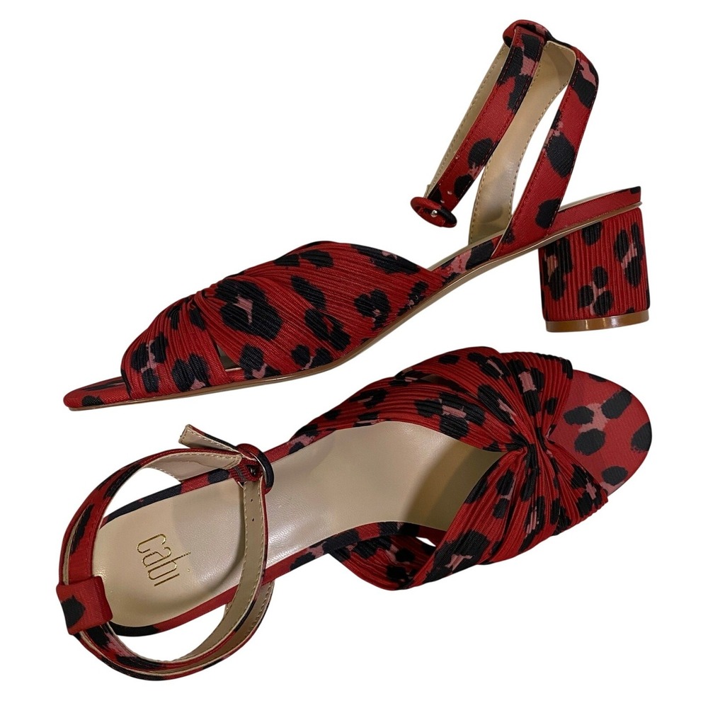 CAbi Women's Size 9 Siren Red Leopard Print Low Heeled Sandals Pleated Peep Toe
